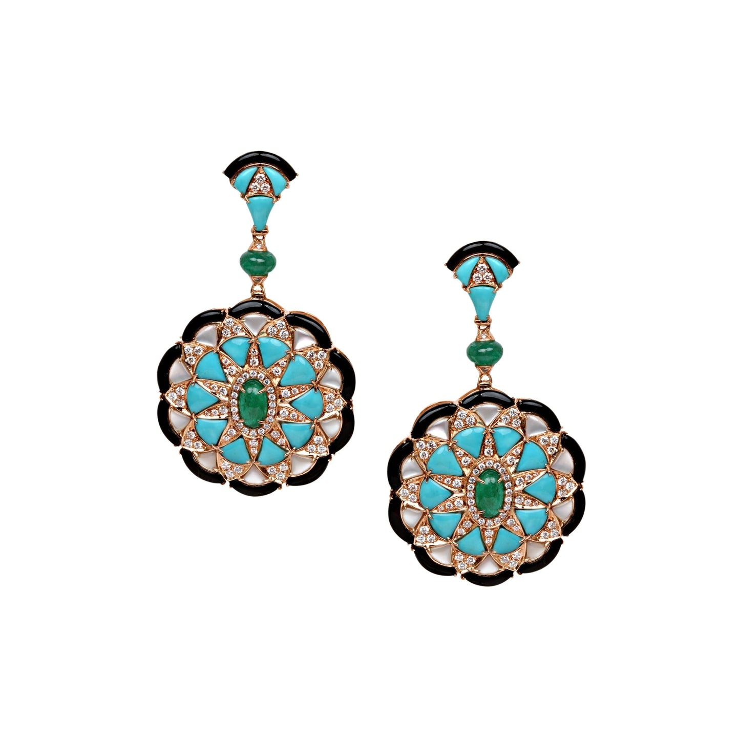 Earring With Diamond, Emerald, Turquoise, Mother Of Pearl & Onyx