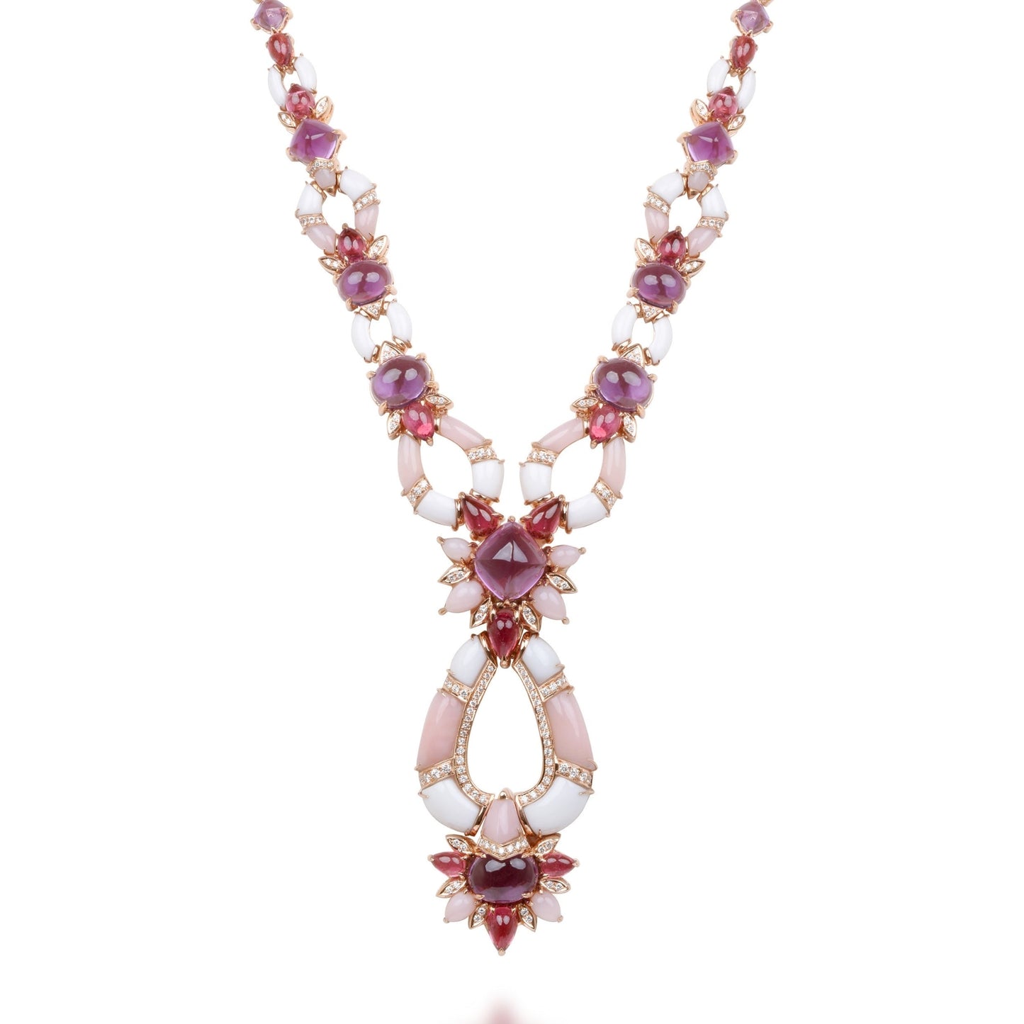 Necklace With Diamond, Pink Tourmaline, Amethyst, Pink Opal & White Onyx