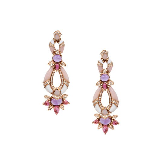 Earring With Diamond, Pink Tourmaline, Amet, Pink Opal & White Onyx