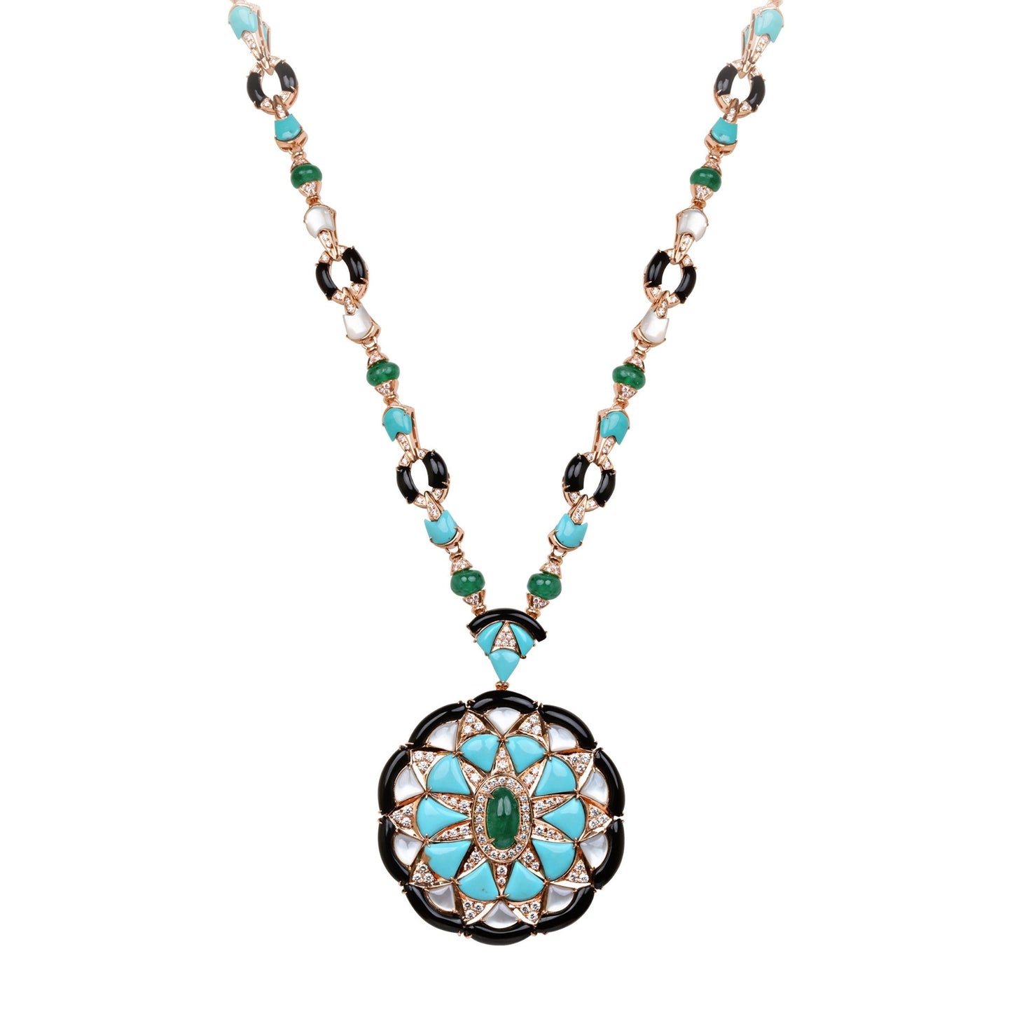 Necklace With Diamond, Emerald, Turquoise, Mother Of Pearl & Onyx