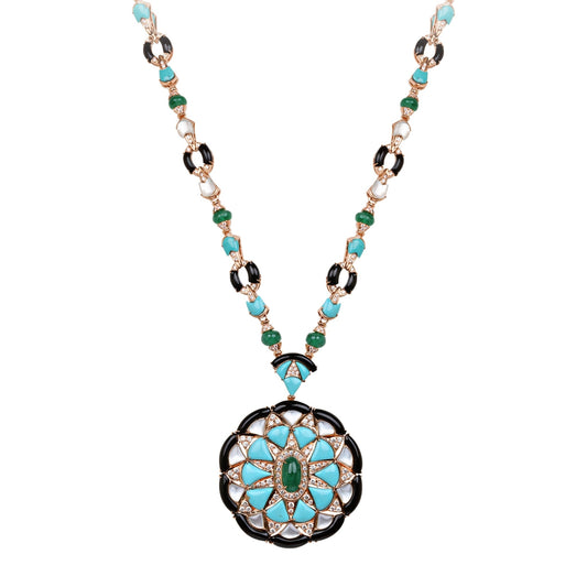 Necklace With Diamond, Emerald, Turquoise, Mother Of Pearl & Onyx