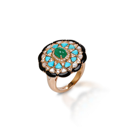 Ring With Diamond, Emerald, Turquoise, MOP & Onyx - L Model
