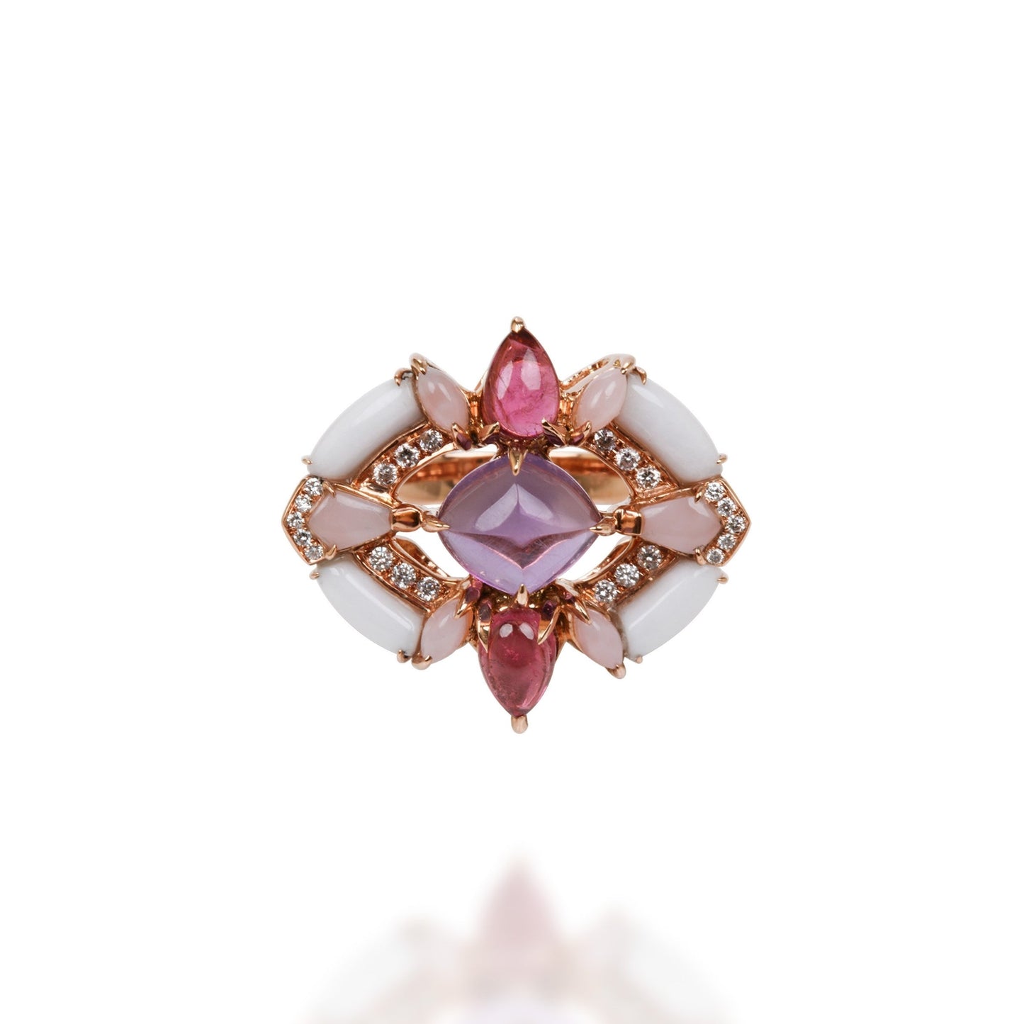Ring With Diamond, Pink Tourmaline, Amet, Pink Opal & White Onyx