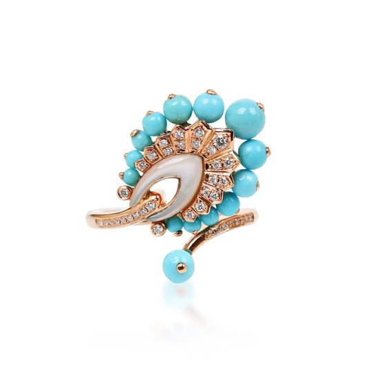 Ring With Diamond, Turquoise And Mother Of Pearl